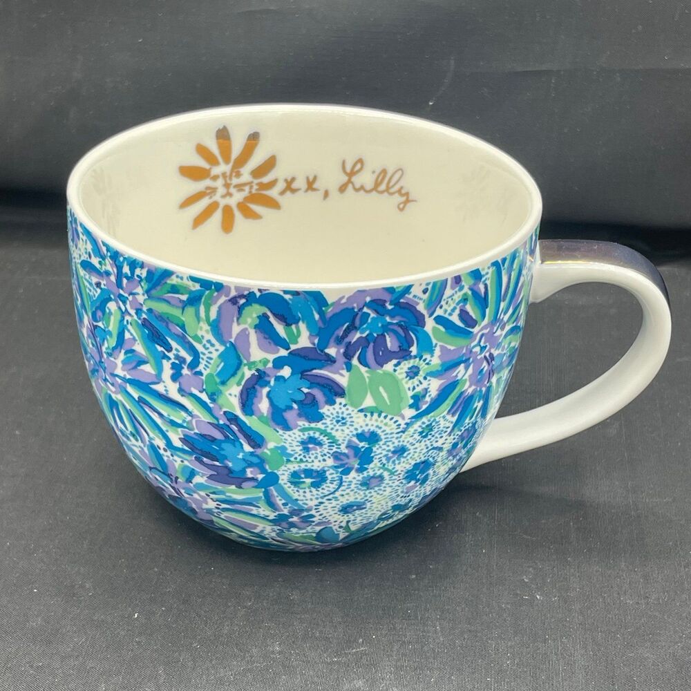 Lilly Pulitzer Blue Floral Gold Trim Ceramic Coffee Mug Tea Cup Large